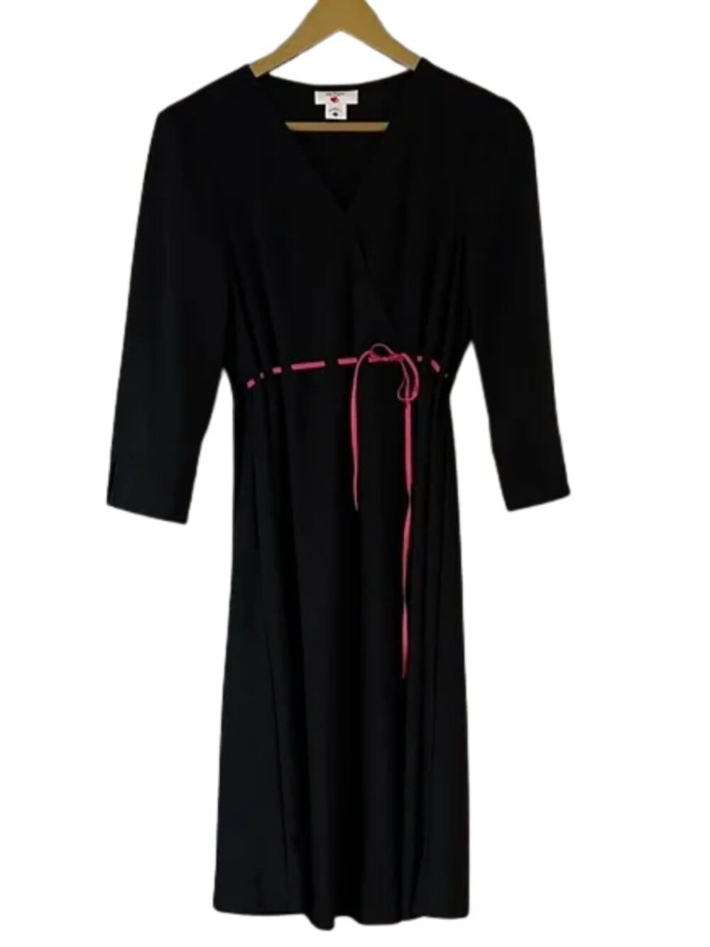 Two Hearts Maternity Black Wrap Dress Long Sleeve Pink Tie Waist Knee Length
